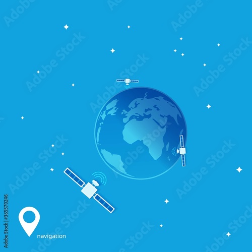 Fototapeta Naklejka Na Ścianę i Meble -  gps navigation, satellites flying over the planet, vector illustration
