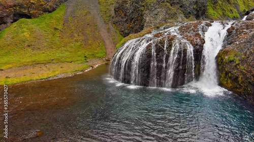 Stjornarfoss  Iceland. Beautiful aerial view of waterfalls in summer season
