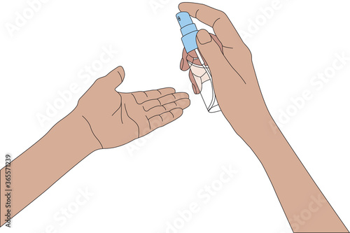 Hands with antibacterial sanitizer, spraying desinfecting liquid. Vector cartoon illustration