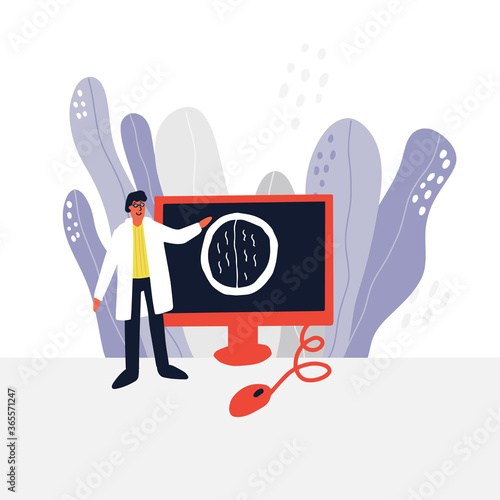 Doctors watching CT scan results. Hand drawn vector medical illustration.