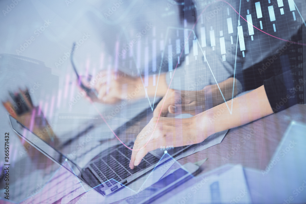Multi exposure of woman hands typing on computer and financial chart hologram drawing. Stock market analysis concept. Multi exposure of woman hands typing on computer and financial chart hologram drawing. Stock market analysis concept.