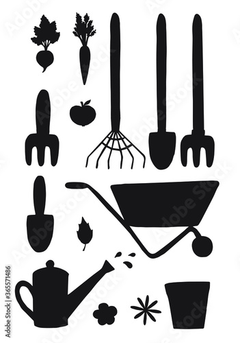 Vector set bundle of hand drawn black gardening equipment silhouette isolated on white background