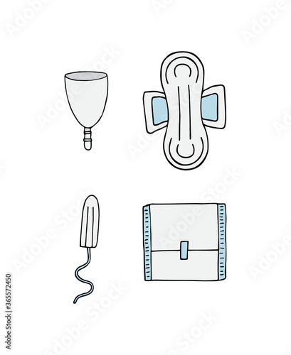 Vector set bundle of colored hand drawn doodle sketch menstrual pad tampon and cup isolated on white background