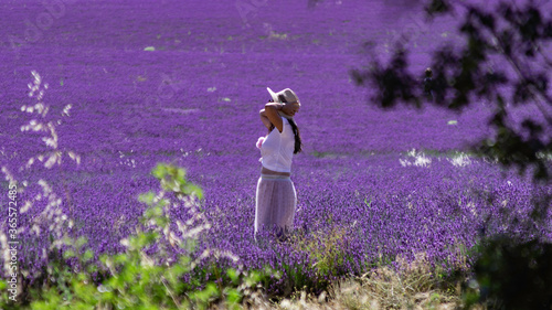 Girl in skirt and white blouse with sombrerorn fields of Lavender flower in Brihuega photo