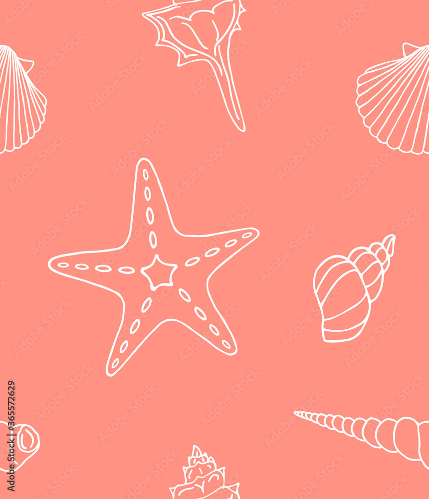 Vector seamless pattern of white hand drawn doodle sketch shell and sea stars isolated on coral pink background
