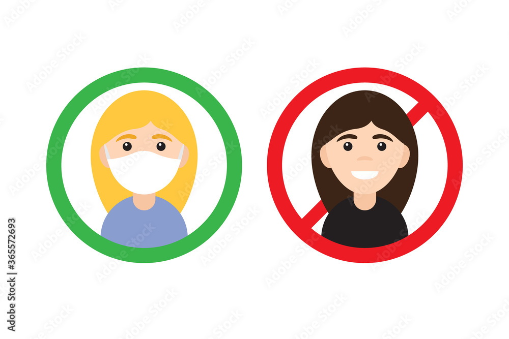 Vector flat cartoon No entry without medical face mask signs. Woman girl in circle isolated on white background Vector flat cartoon No entry without medical face mask signs. Woman girl in circle isolated on white background