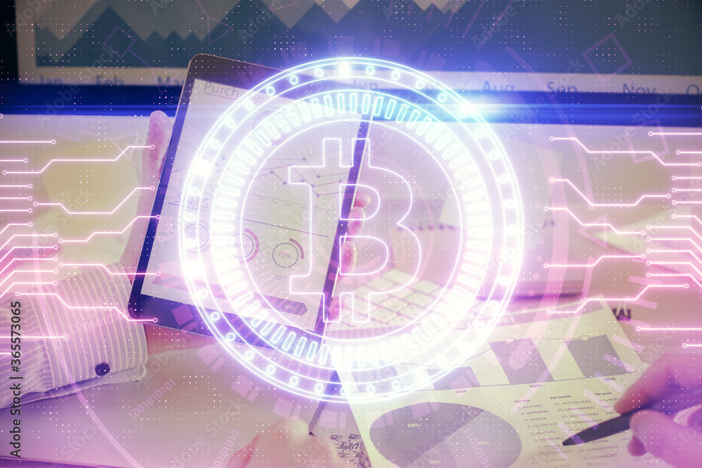 Double exposure of man's hands holding and using a phone and crypto currency blockchain theme drawing. Double exposure of man's hands holding and using a phone and crypto currency blockchain theme drawing.