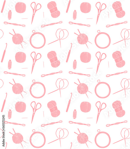 Vector seamless pattern of pink hand drawn doodle sketch sew embroidery and knitting equipment silhouette isolated on white background