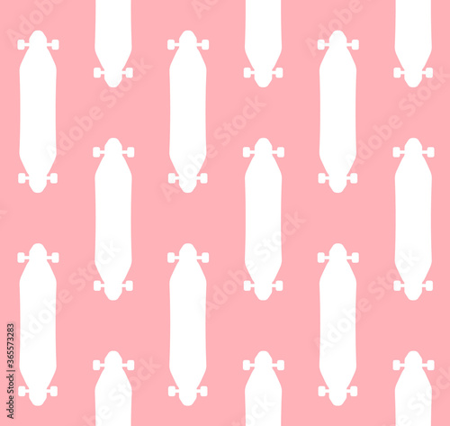 Vector seamless pattern of flat white longboard skateboard silhouette isolated on pink background