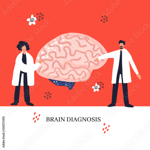Two doctors treat brain. Medical illustration.