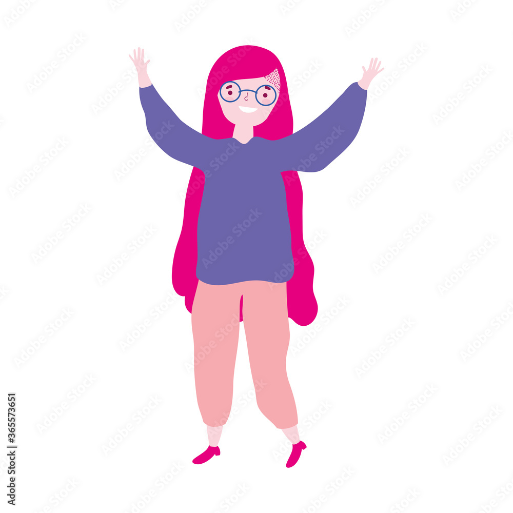 young woman with long hair hands up celebrating isolated design icon young woman with long hair hands up celebrating isolated design icon