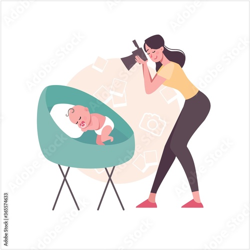 A mother photographs a newborn baby in the cradle. A woman takes pictures of her baby sleeping. Vector, flat style, isolated. Cartoon characters young girl with a child, photo.