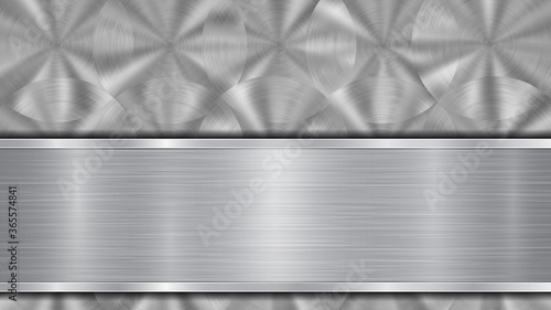 Background in silver and gray colors, consisting of a shiny metallic surface and one horizontal polished plate located below, with a metal texture, glares and burnished edges