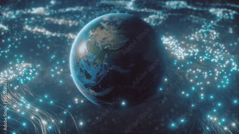 A rotating globe in optical fiber clouds transmitting signals throughout the universe in space