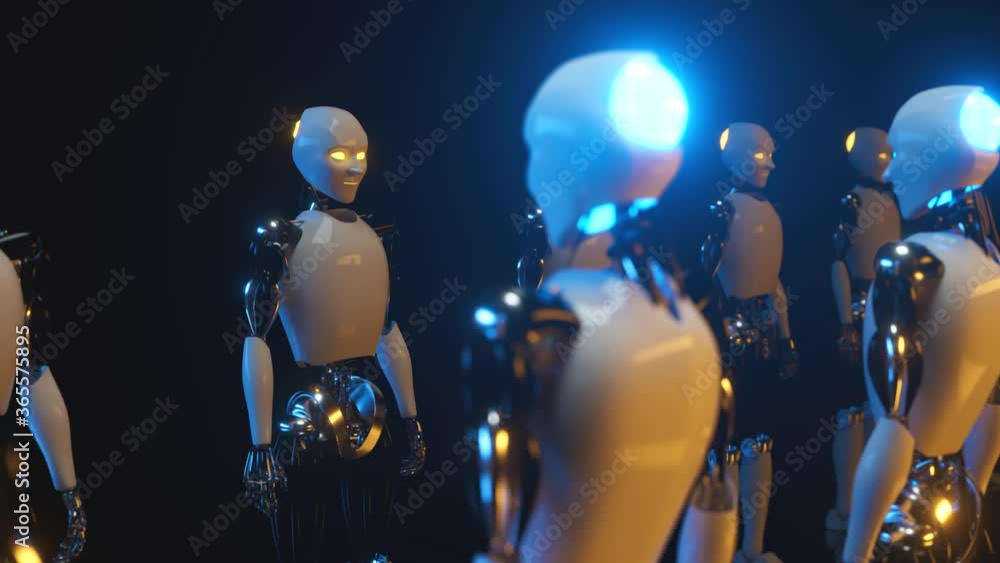 An endless corridor of robots facing each other. Future technology and artificial intelligence concept Blue and yellow neon glow. Seamless loop 3d render An endless corridor of robots facing each other. Future technology and artificial intelligence concept Blue and yellow neon glow. Seamless loop 3d render
