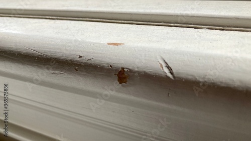 Damaged window wood dent crack chipped peeling paint wall in a home