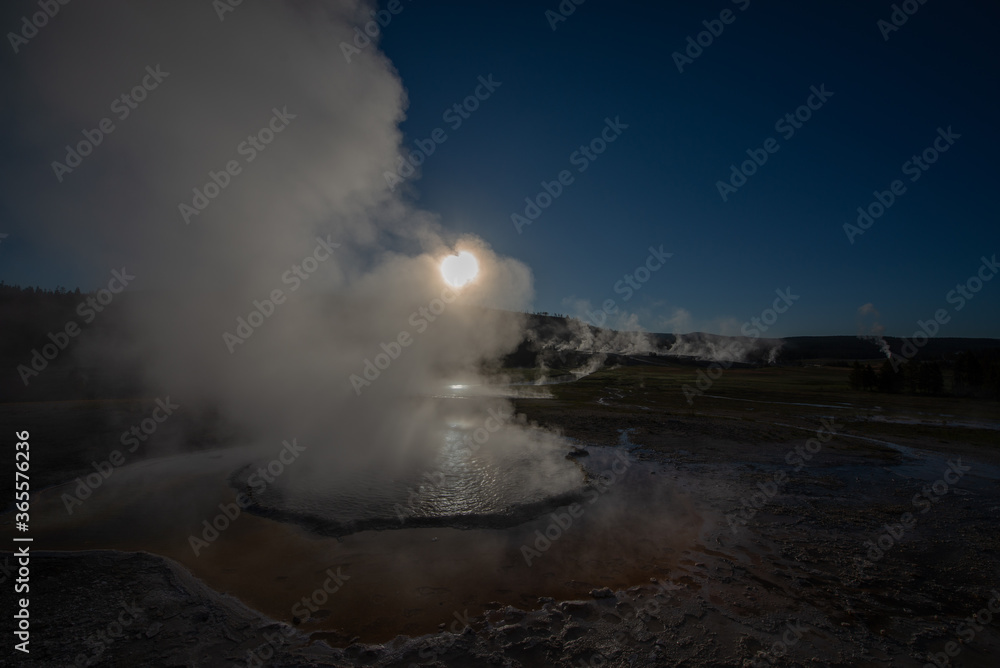 A geyser at sunrise in Yellowstone National Park, Wyoming