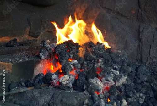 Close up of the lit up coal fire