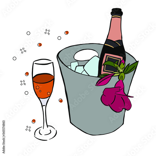 bucket containing ice and a bottle of sparkling wine, glass bowl with alcoholic drink, celebration, vector illustration