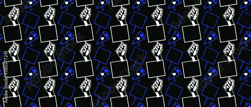 protest art seamless pattern, fist raising a banner and a loudspeaker, vector 