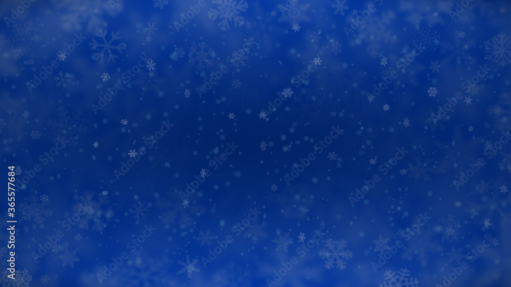 Christmas background of snowflakes of different shapes, sizes, blur and transparency in blue colors