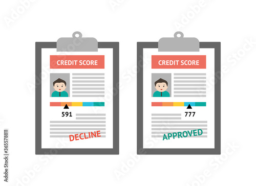 Credit score report concept. Paper sheets with chart of personal credit score information person data report form. Index of credit history and approved rejected stamp isolated on white background