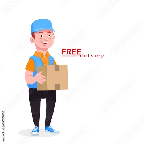 Smiling young male postal delivery courier delivering package, Character isolated on white background, vector illustration