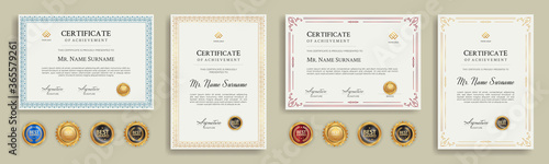 Diploma certificate border template set with badges for award, business, and education