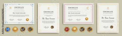 Diploma certificate border template set with badges for award, business, and education