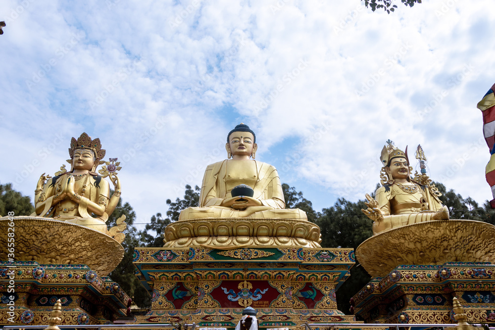 The Golden Buddha Statues in Buddha park, Swayambhunath area, Kathmandu, Nepal, the World Heritage Site declared by UNESCO