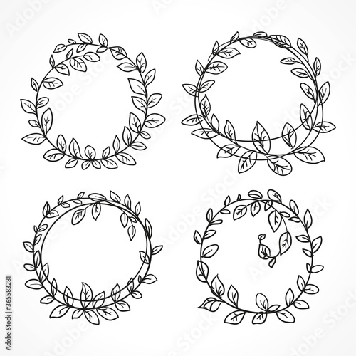 wreath vector set of black round sketch line art