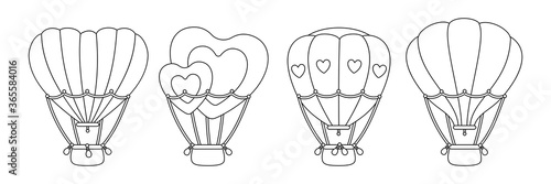 Hot air balloon black linear set. Outline heart shaped or circle. Cartoon Valentine day design air balloons contour collection. Festivals or wedding journey air transport. Vector Isolated illustration
