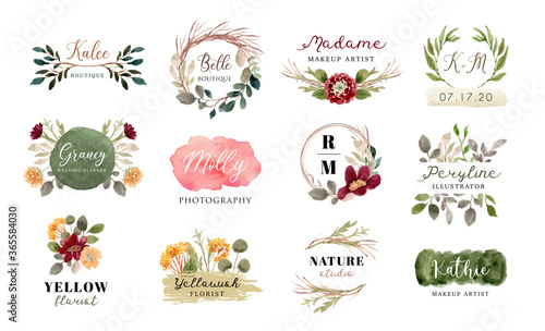 premade logo with floral and brush stroke watercolor collection