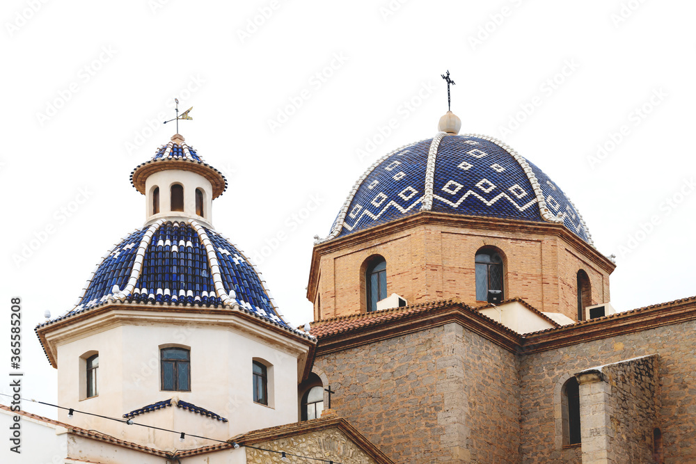 Detail of the blue tiled domes of Our Lady of Solace Church in Altea, Costa Blanca, Spain
