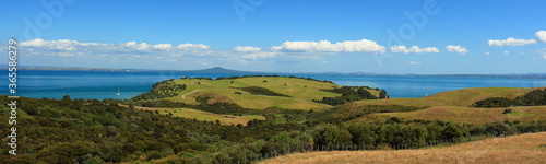 Scenic view (panorama) of Shakespear Regional Park and the Hauraki Gulf, with Rangitoto Island and Auckland City in the background, from Whangaparaoa Peninsula, Auckland, New Zealand