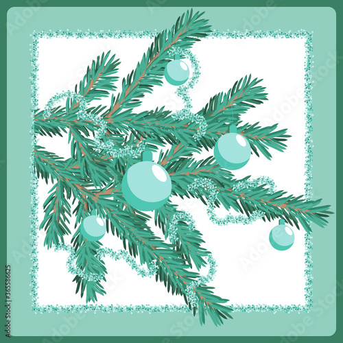 Christmas card with christmas tree branches decorated with silver-blue balls and tinsel glare. Winter holiday, New Year, Xmas card