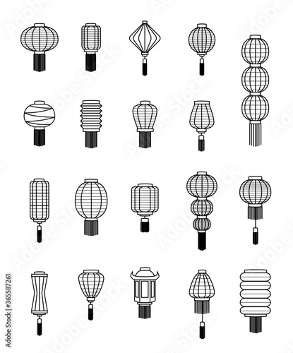 Various Chinese Lantern Black and White Line Art Vector Illustration