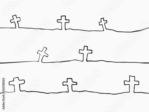 simple black and white childish continuous lines art style of grave yard seamless pattern for halloween party for background, banner, label, wallpaper, cover, texture etc. vector design.