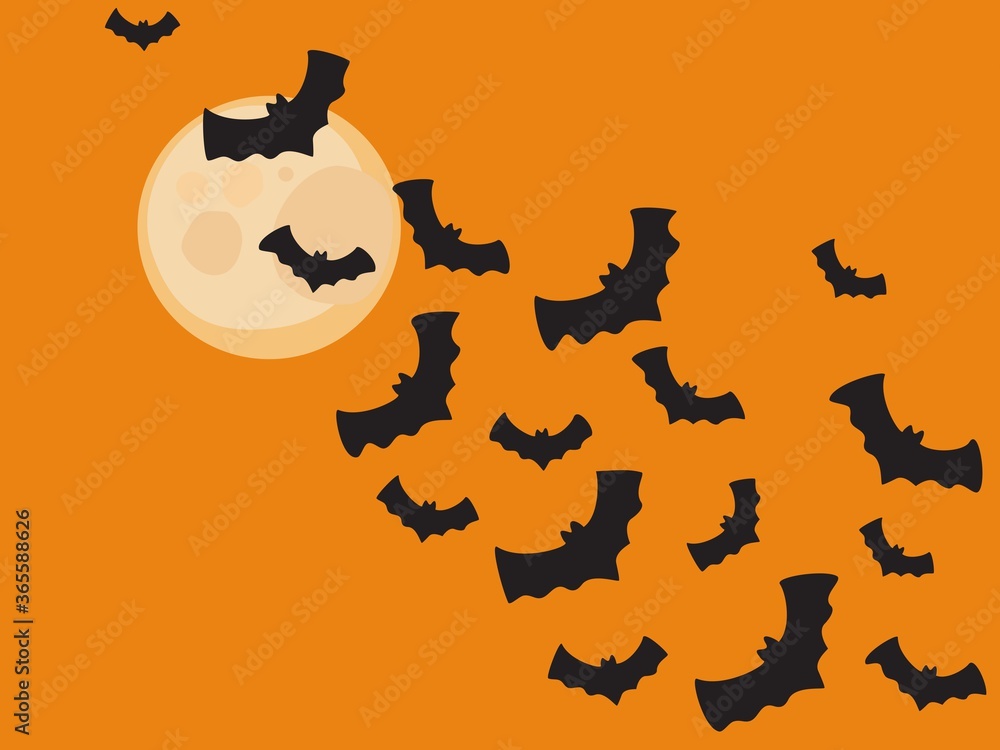 halloween flying bats with moon on orange background for wallpaper, cover, banner, label, texture etc. vector design