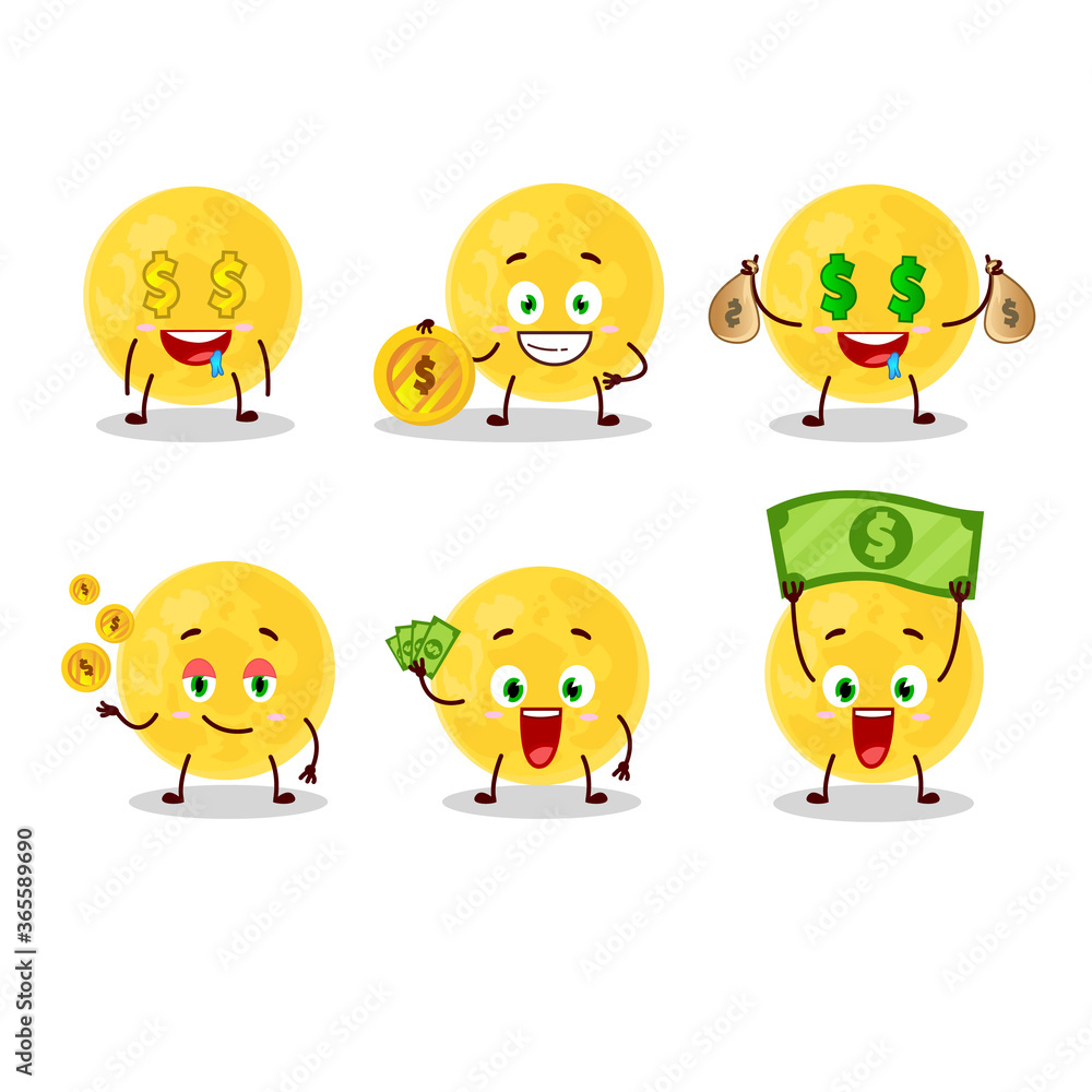 Yellow moon cartoon character with cute emoticon bring money