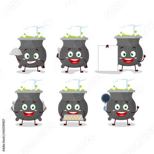Cartoon character of cauldron with various chef emoticons