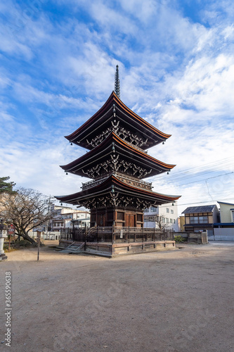 Pagoda at Hida Kokubunji Temple, which is a three-story tall buddhist temple, built around 757. Hida Kokubunji was made a National Historic Site