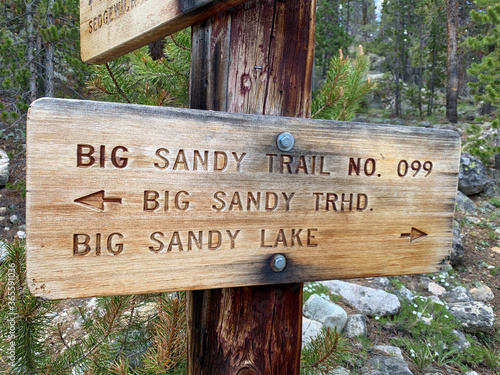 Big Sandy Trail and Big Sandy Lake Signage on Trail in Bridger Teton National Forest in Wyoming photo