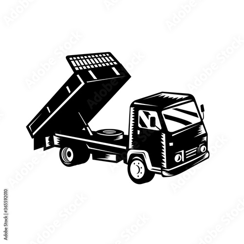 Dump Truck Dumper Truck or Tipper Truck Retro Woodcut Black and White