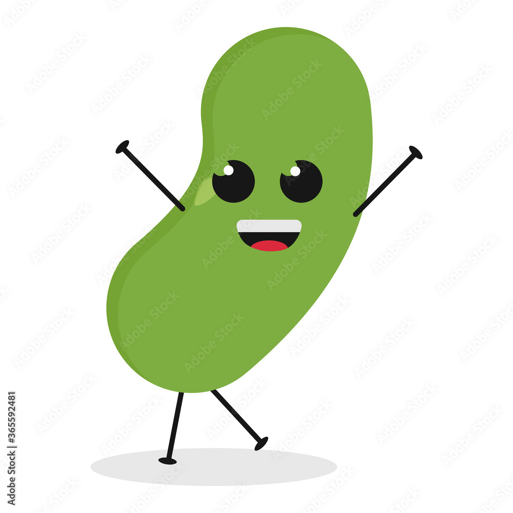 Cute flat cartoon green bean illustration. Vector illustration of cute bean with a smiling expression. Cute flat cartoon green bean illustration. Vector illustration of cute bean with a smiling expression.