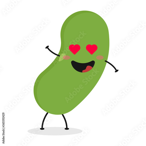 Cute flat cartoon green bean illustration. Vector illustration of cute bean with a smiling expression.
