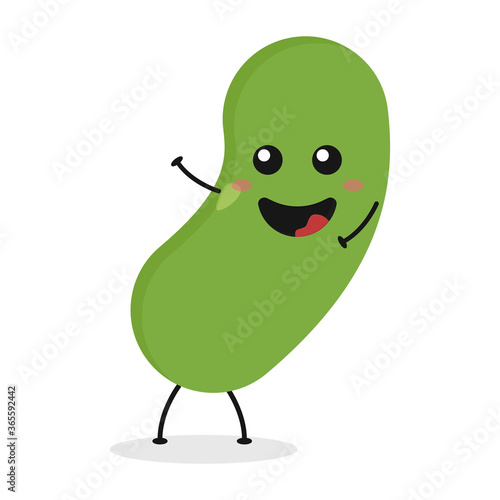Cute flat cartoon green bean illustration. Vector illustration of cute bean with a smiling expression.