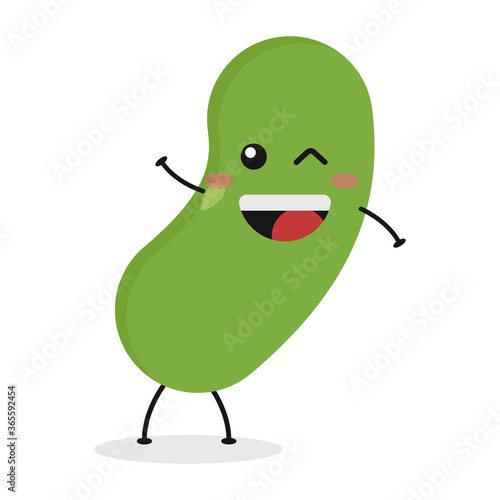 Cute flat cartoon green bean illustration. Vector illustration of cute bean with a smiling expression.