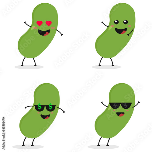 Cute flat cartoon green bean illustration. Vector illustration of cute bean with a smiling expression.