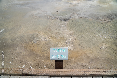 Green Spring, in the Black Sand Geyser Basin in Yellowstone National Park. Sign for the thermal feature